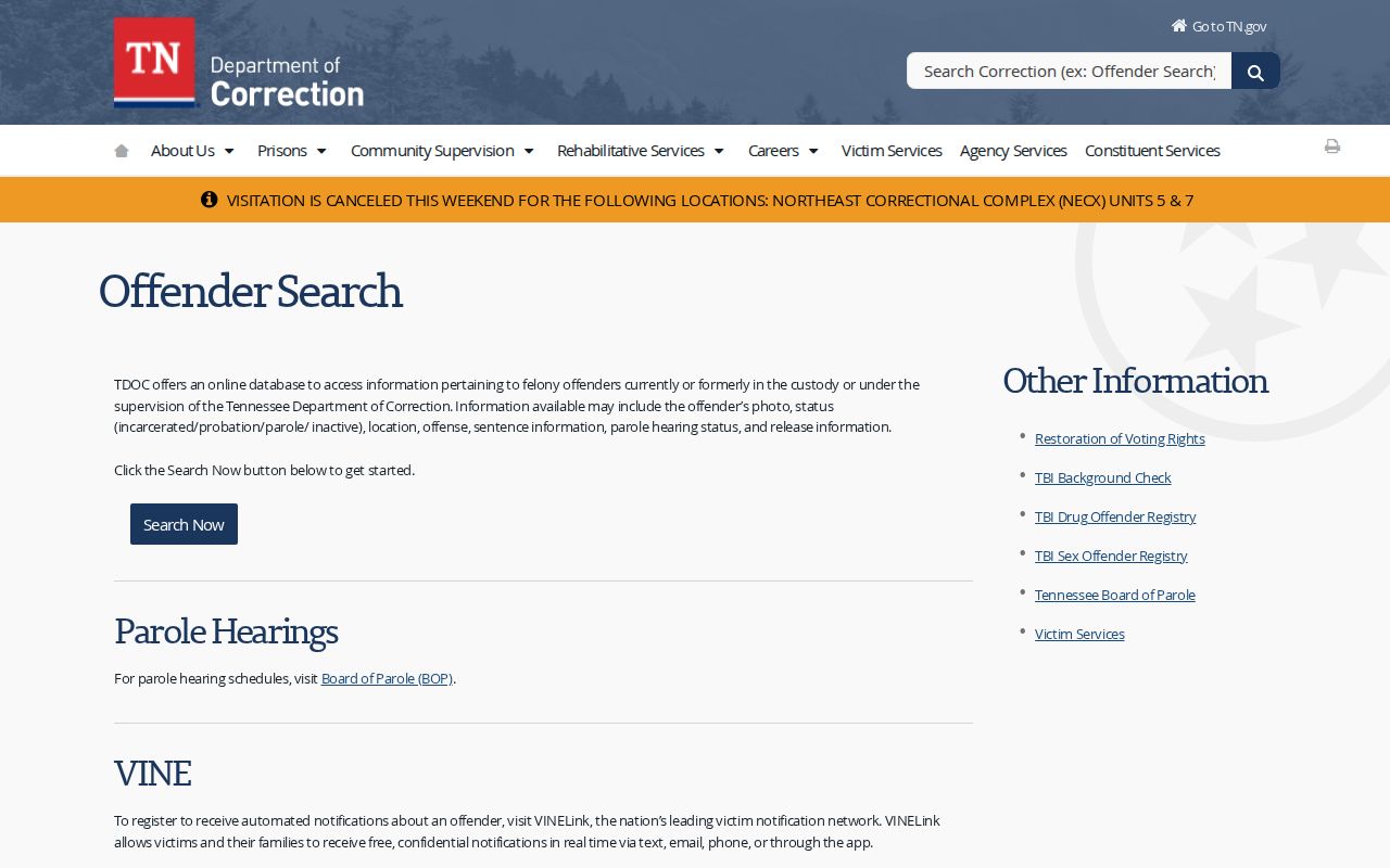TDOC FOIL search gateway for Jefferson County released inmates