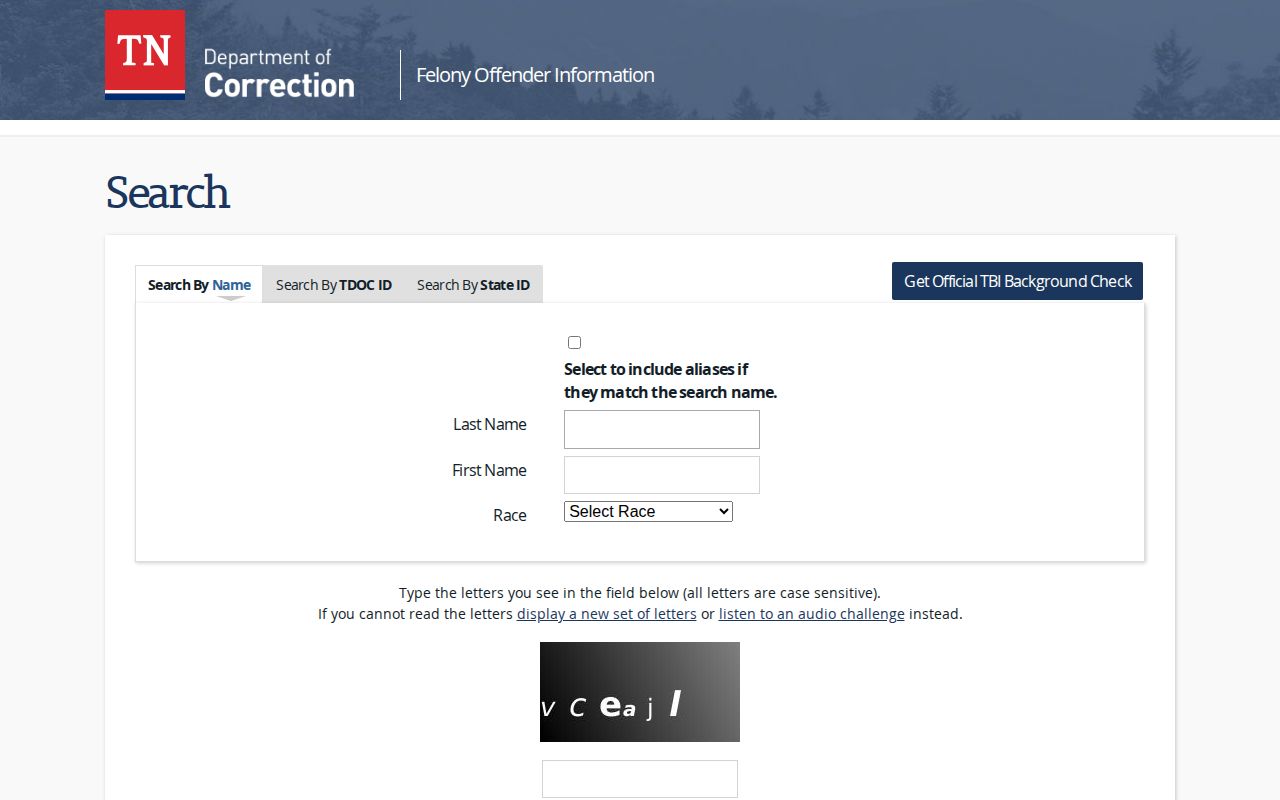 Tennessee Department of Correction FOIL search fields for a Jefferson County release