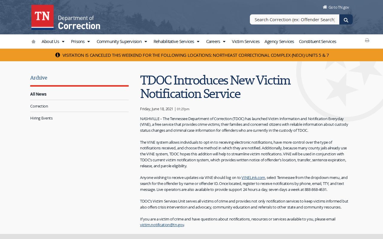 Jefferson County VINELink release notification instructions from Tennessee